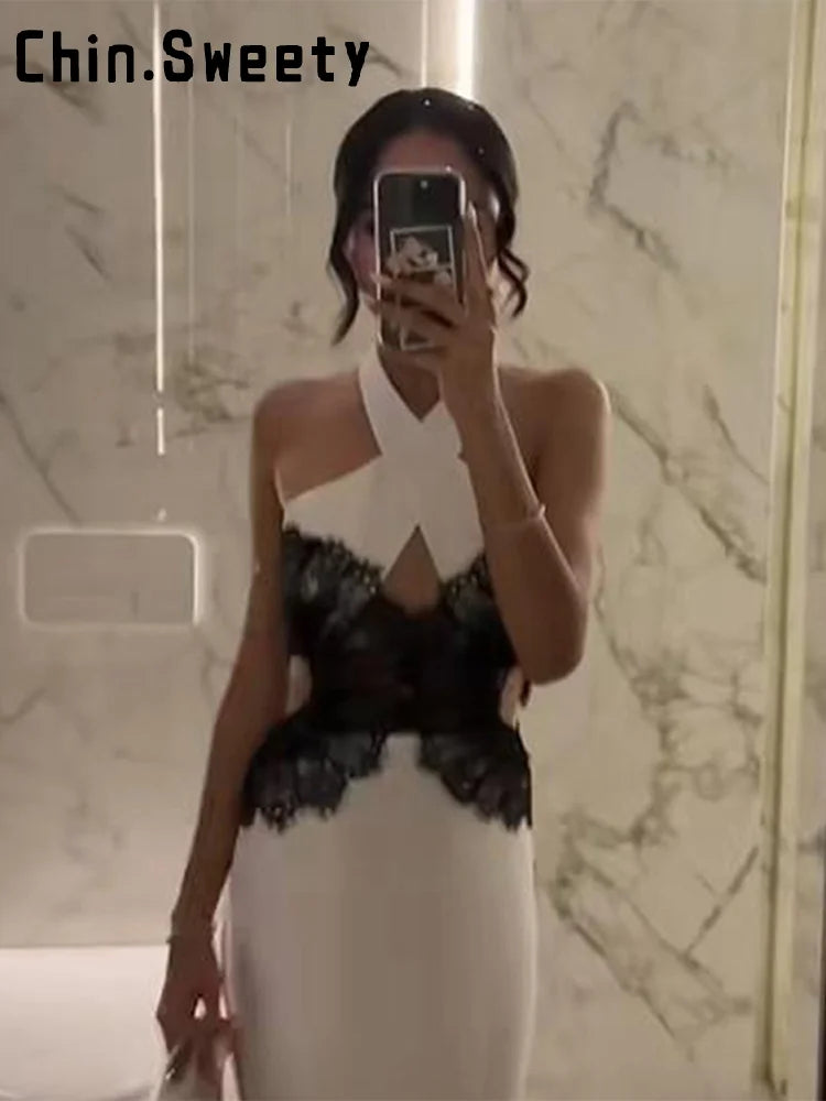 Sexy Halter Lace Splicing Hollow Out Long Dress Women Sleeveless Backless Hip Package Party Dresses 2025 Summer Evening Robes