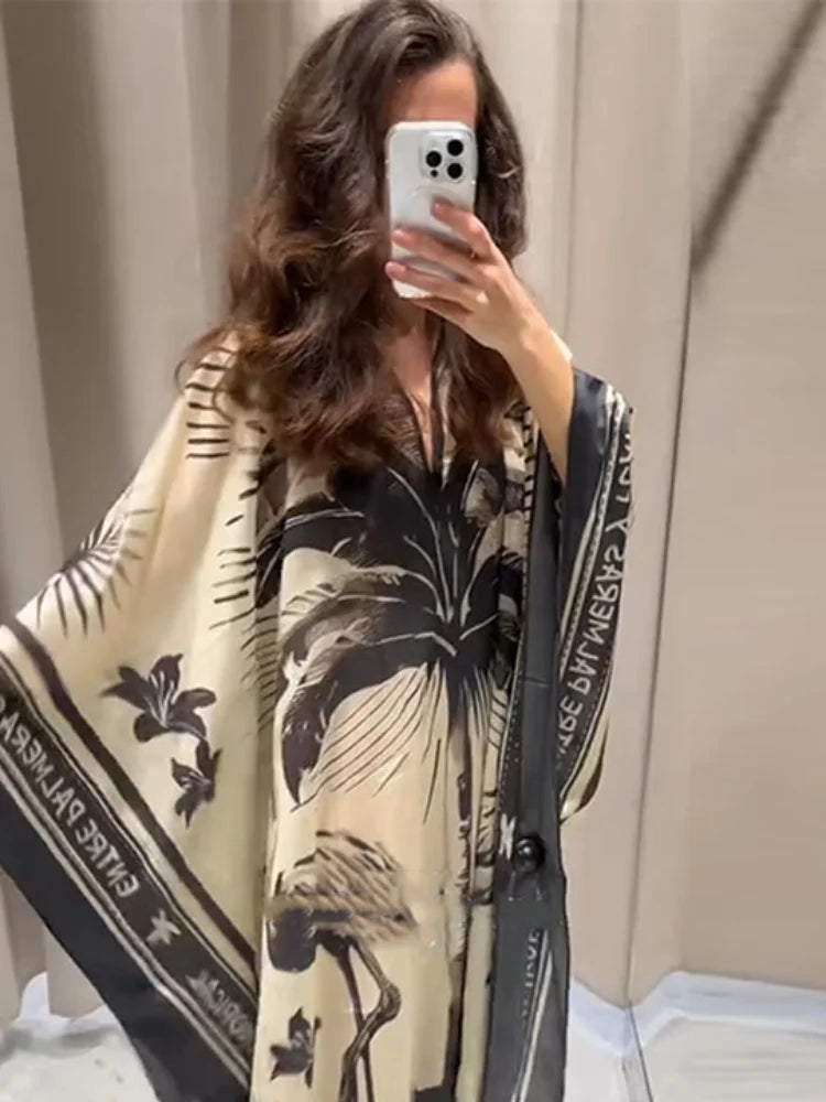 Vacation Coconut Tree Floral Print Caftan Maxi Dress For Women Oversize Long Puff V-neck Beach Dresses Lady Bohemia Party Robes