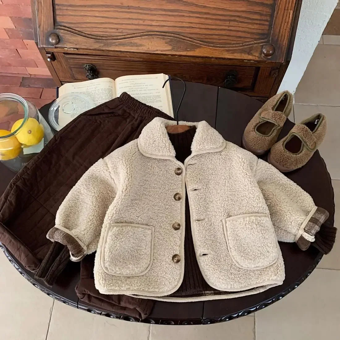 High-quality Boys Velvet Thick Wool Single Breasted Coat 2025 Autumn/Winter New Warm Lamb Wool Top Baby Winter Girls Collar Coat