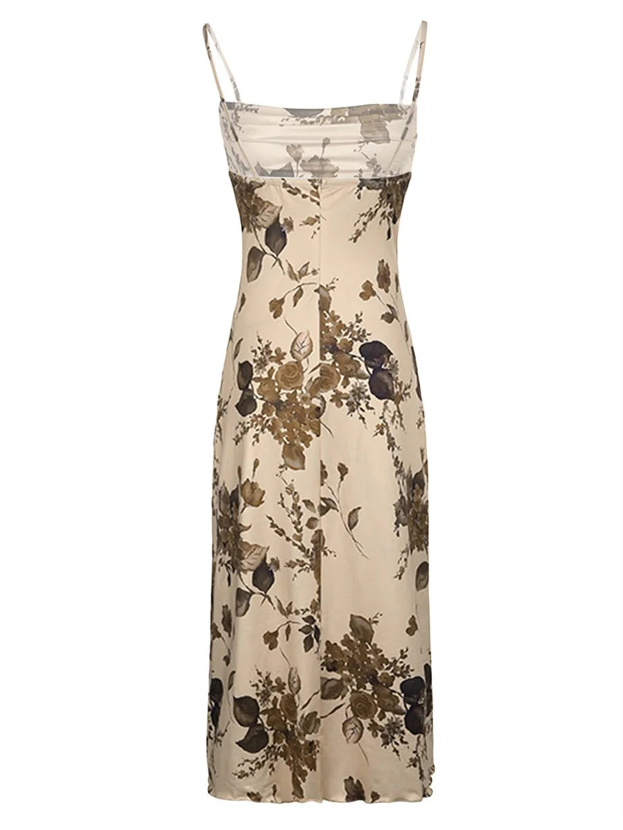 Women Summer Bodycon Dress Floral Print Sleeveless Spaghetti Strap Ruched  Camisole Dress Nightclub