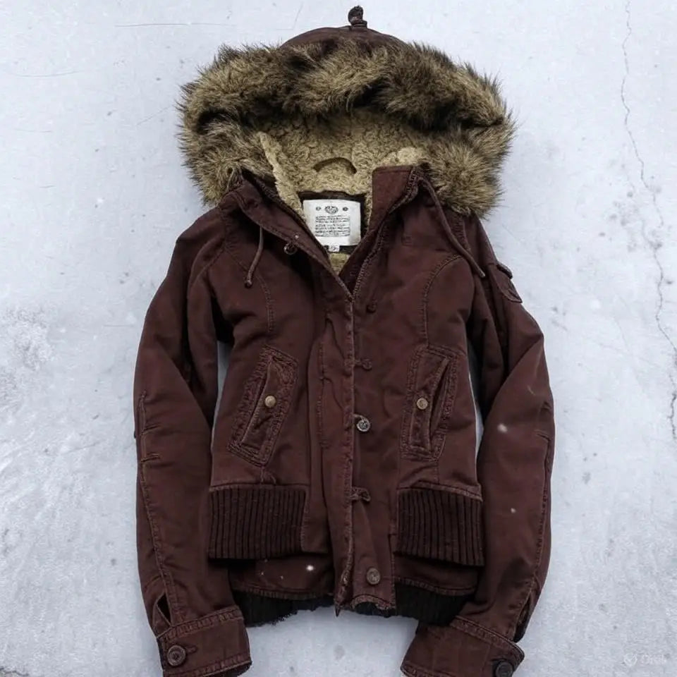 American Vintage Y2K Fur Lined Bomber Jacket Womens Brown Hooded Coat with Faux Fur Trim and Ribbed Cuffs Fashionable and Casual