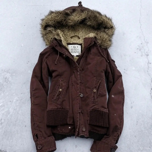 American Vintage Y2K Fur Lined Bomber Jacket Womens Brown Hooded Coat with Faux Fur Trim and Ribbed Cuffs Fashionable and Casual