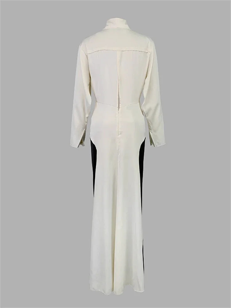 Women Fashion Patchwork Deep V-Neck Pleated Party Evening Dresses  New Spring Summer Long Sleeves Office A-Line Dress