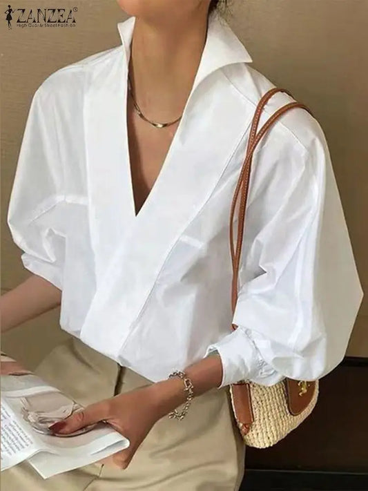 ZANZEA 2025 Summer Women Blouse Shirt Chic Sexy Stand Deep V Neck Puff Sleeve Tunic Tops Fashion Lapel Office OL White Blusas