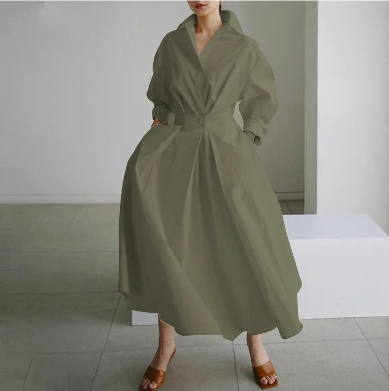 Elegant Women Spring Sundress Lapel Neck Long Sleeve Black Dress 2025 Solid Long Shirt Dress OL Vestidos Robe Femme Streetwear