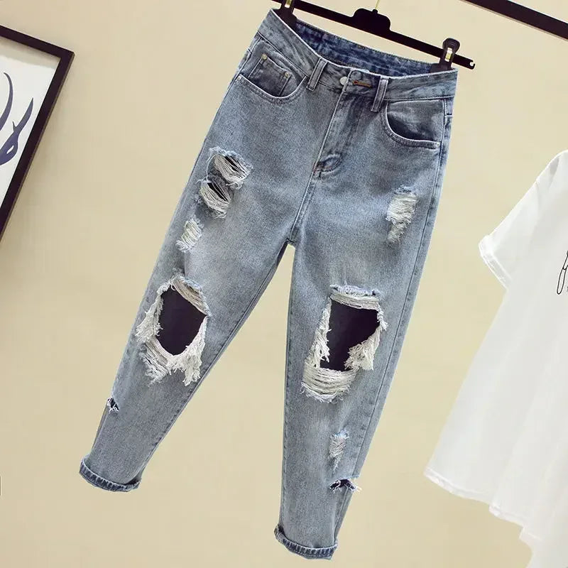 2025 spring summer autumn new Big size women fashion casual Denim Pants woman female ripped jeans for women