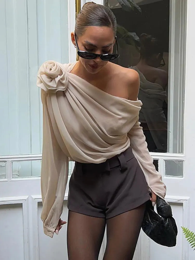 GACVGA Skew Collar Floral Mesh Chiffon Blouses Tops Tshirt Elegant T Shirt Fashion Crop Top See Through Women's Blouses & Shirts