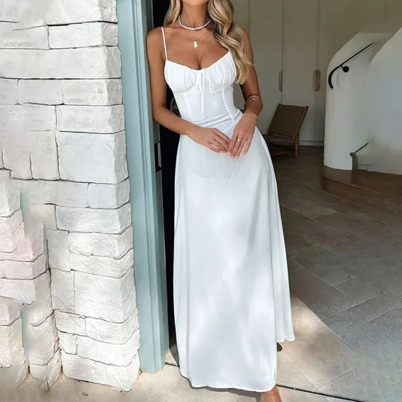 Sexy Solid Color Sleeveless Long Dress Women 2025 Summer Fashion Casual Elegant A-Line Dresses Beach Vacation Spaghetti Strap