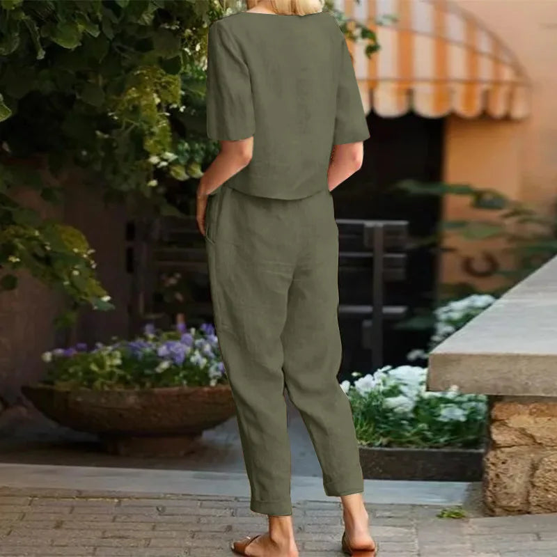 Women's Cotton Linen Suit Summer Matching Suit Half-sleeved Round Neck Tie Elastic Waist Trousers Wide-leg Pants Retro Suit 2024