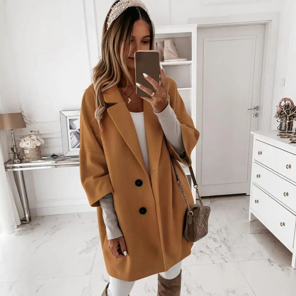 Fall Winter Women's Jacket 3/4 Long Sleeve Button Lapel Pocket Woolen Warm Jacket Coat Solid Color Thermal Fitted Cardigan Coat