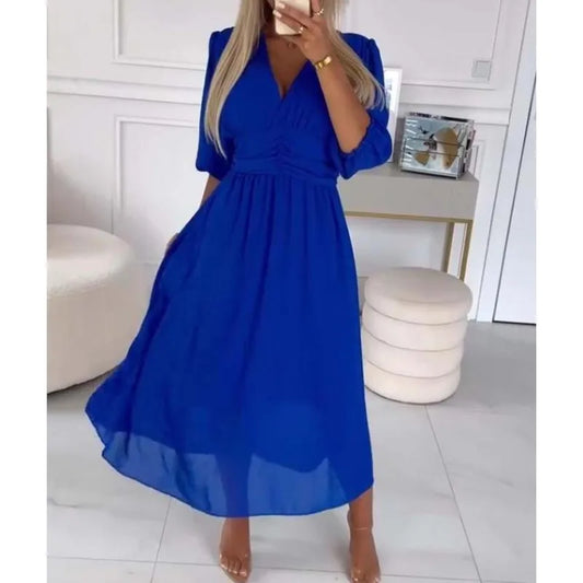 Sexy V Neck Solid Chiffon Long Dress Women Spring Elegant High-waisted Slim Party Dress Autumn 3/4 Sleeve A-Line Bohemian Dress