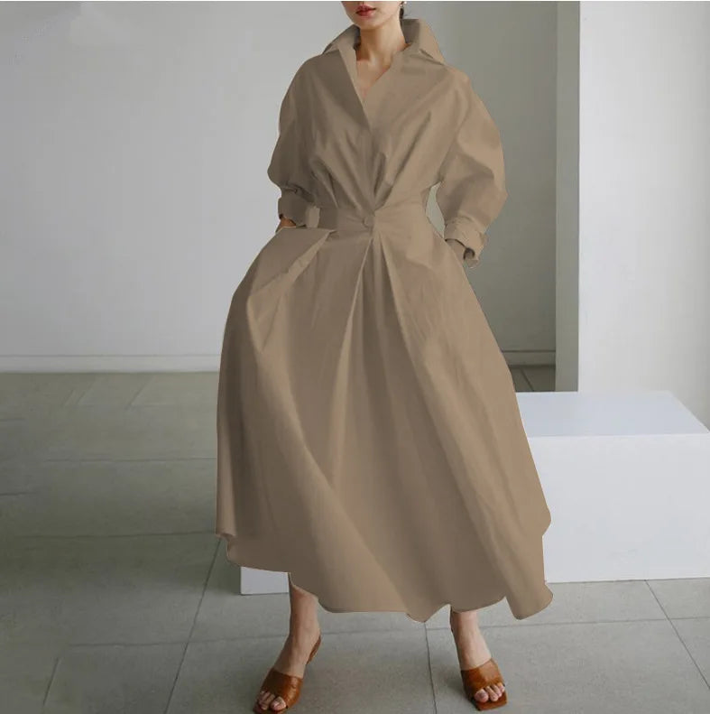 Elegant Women Spring Sundress Lapel Neck Long Sleeve Black Dress 2025 Solid Long Shirt Dress OL Vestidos Robe Femme Streetwear
