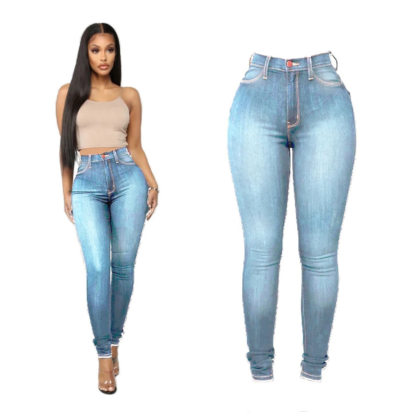Woman's pure color jeans denim high waist jeans street play cultivate one's morality pants shaping figure with high waist jeans