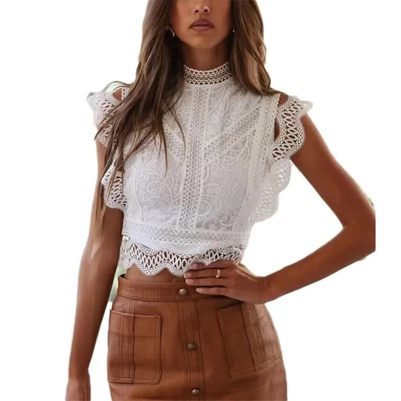 Women's Fashion Tank Blouses 2025 New Summer Sexy Hollow Black White Geometric Pattern Women Lace Chiffon Tops Shirts Clothing