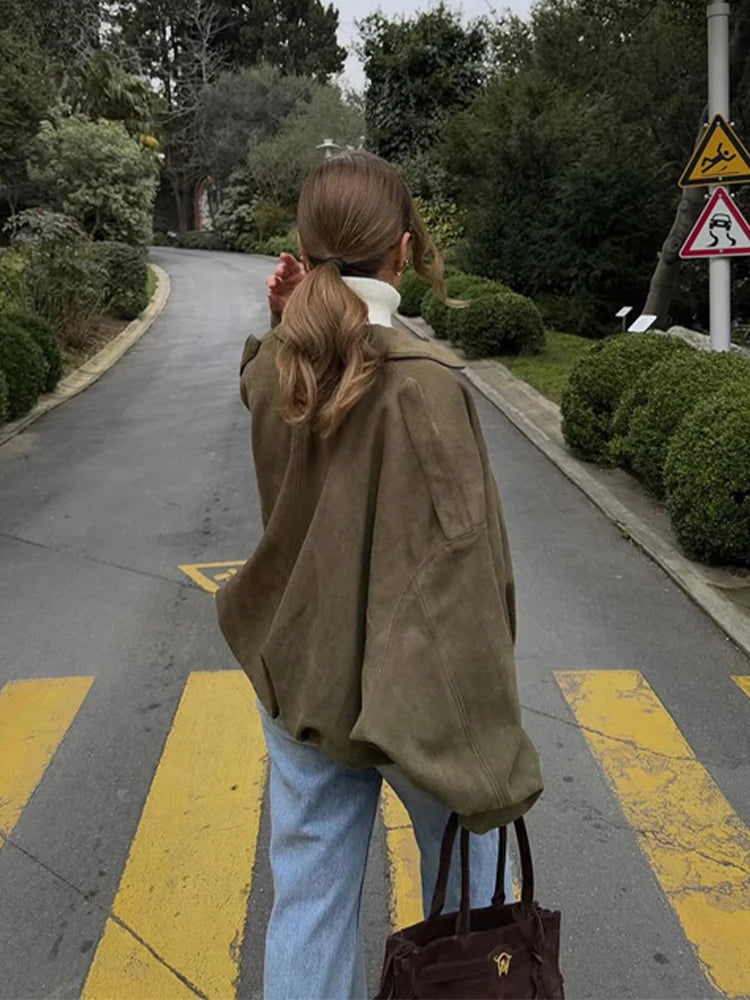 Vintage Oversized Suede Leather Jacket Women's Fashion Shoulder Pad Full Sleeve One Button Coat Lady Chic Bomber Streetwear 2025