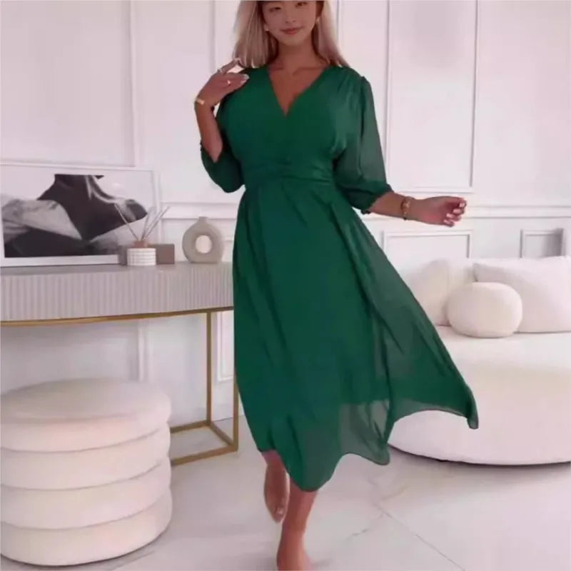 Sexy V Neck Solid Chiffon Long Dress Women Spring Elegant High-waisted Slim Party Dress Autumn 3/4 Sleeve A-Line Bohemian Dress