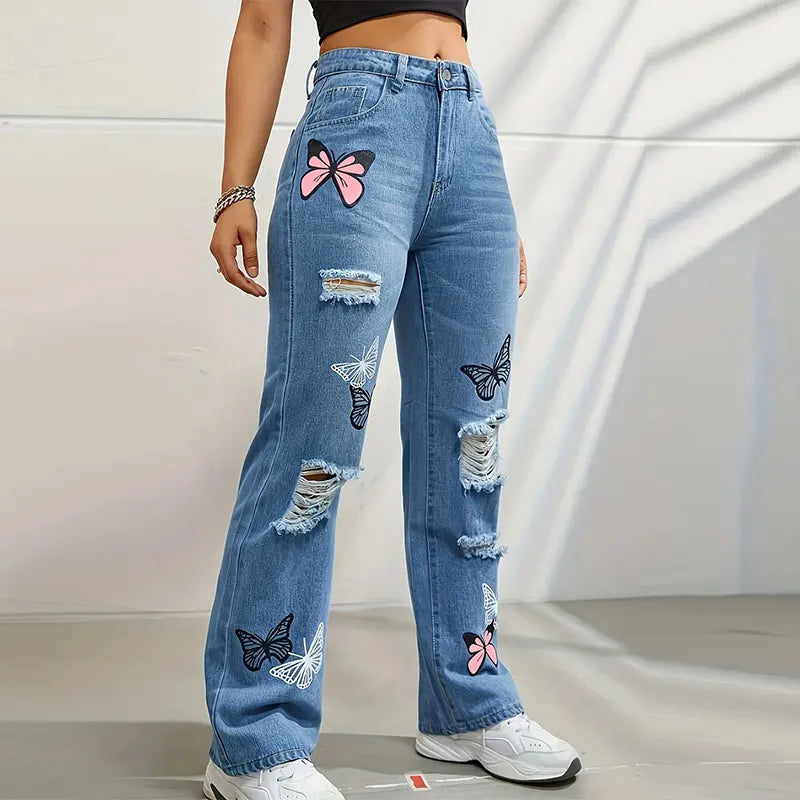 2025 Summer New Butterfly Print Pair Jeans Women Fashionable Straight High-Waisted Long Style Ripped Torn Design Denim Pants