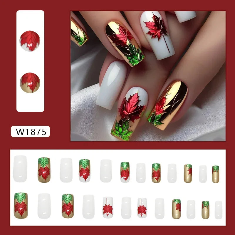 Platinum Maple Leaf Fake Nail with Jelly sticker Press on False Nails Wearable Round Head Oval Full Cover Nail Tips