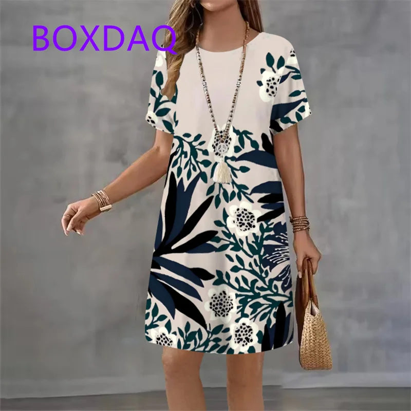 Fashion Elegant Butterfly Flowers Pattern Women's Dress New Summer Street Flower Print Short Sleeve Loose Casual Mini Dress 2025