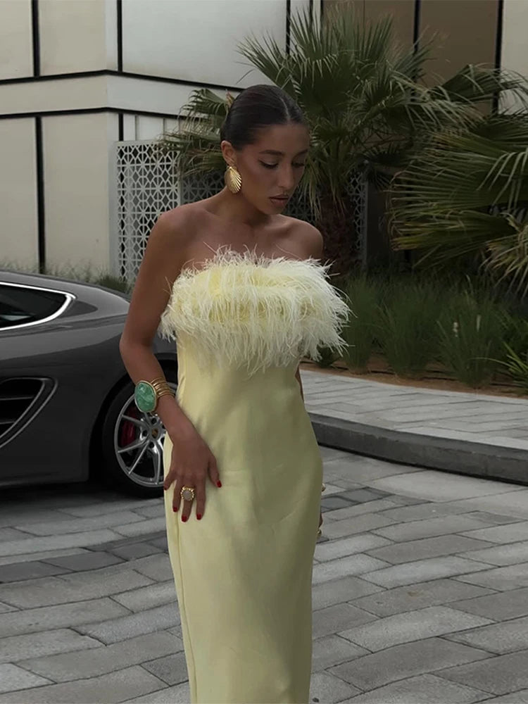 Elegant Yellow Feather Splicing Long Dress Women Chic Satin Strapless High Waist Sleeveless Slim Robe Summer Dinner Party Gowns