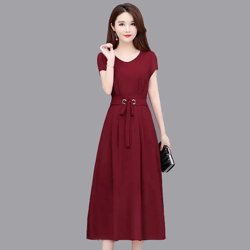 Women summer dress 2025 new short-sleeved over-the-knee belt slim figure-hugging A-line dress vestidoes clothing HTH013