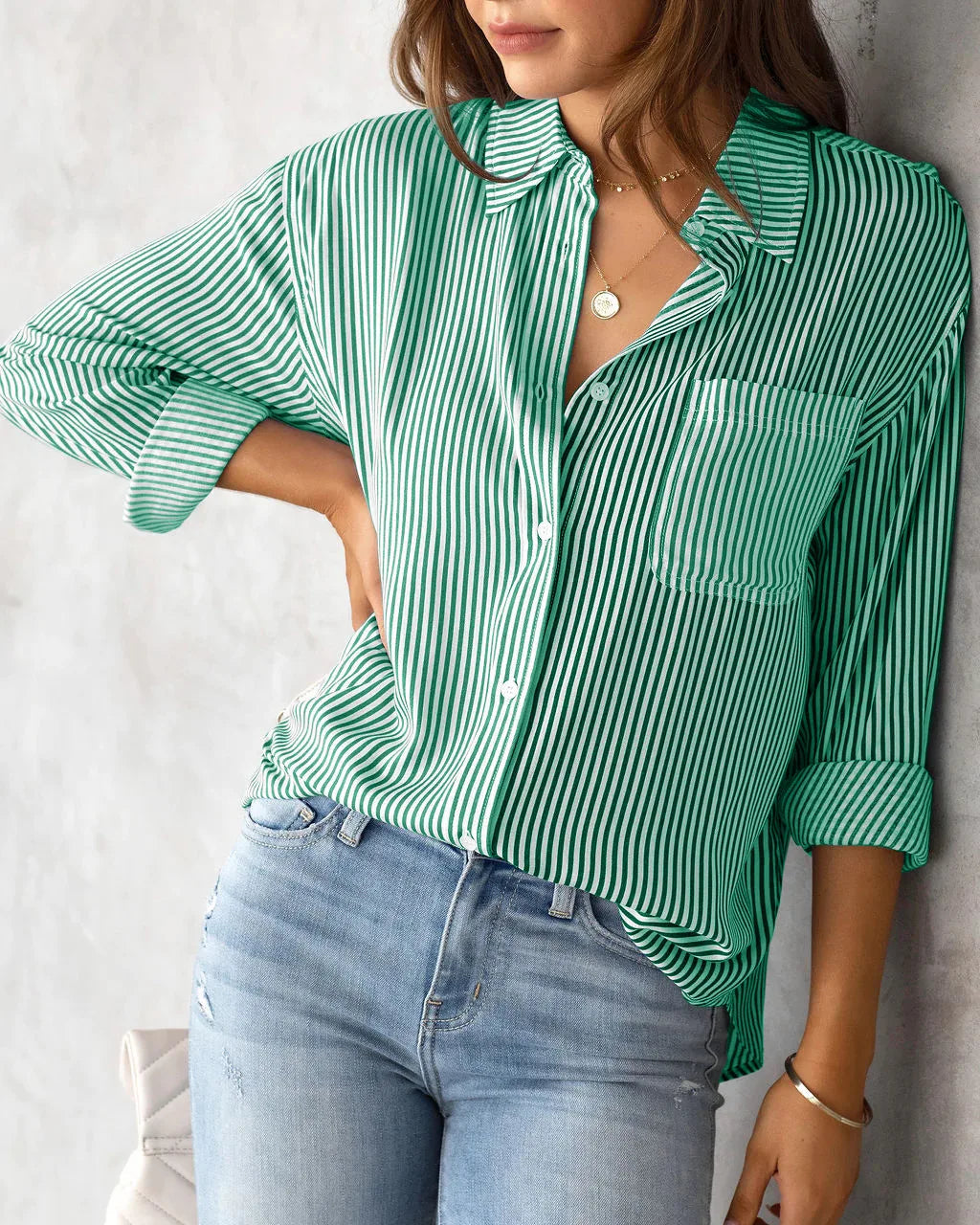 Loose Striped Women's Top, Elegant Long Sleeved Lapel Top, Oversized Cotton Casual Top, Novelty Of 2025 Shirts & Blouses Blusas