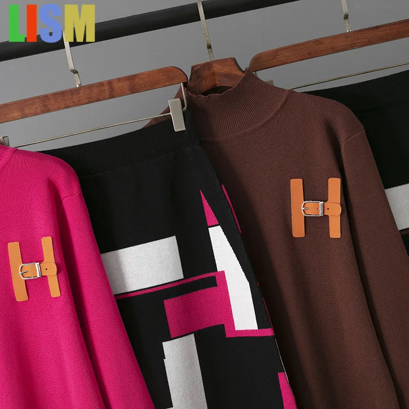 LISM winter two piece set for womam suit elegant sweater new in matching sets letter half body mid length skirt set New dress