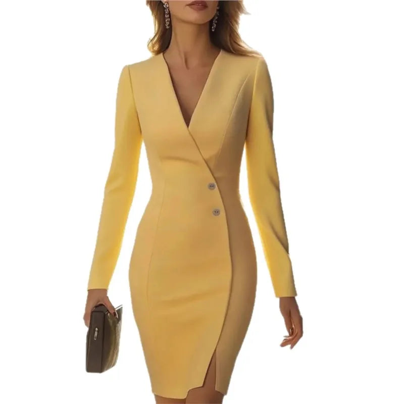 Women's Clothing Autumn Solid Color Long-sleeved Button Slim Fit Suit Dress Elegant Party Office Midi Dresses For Women Vestidos