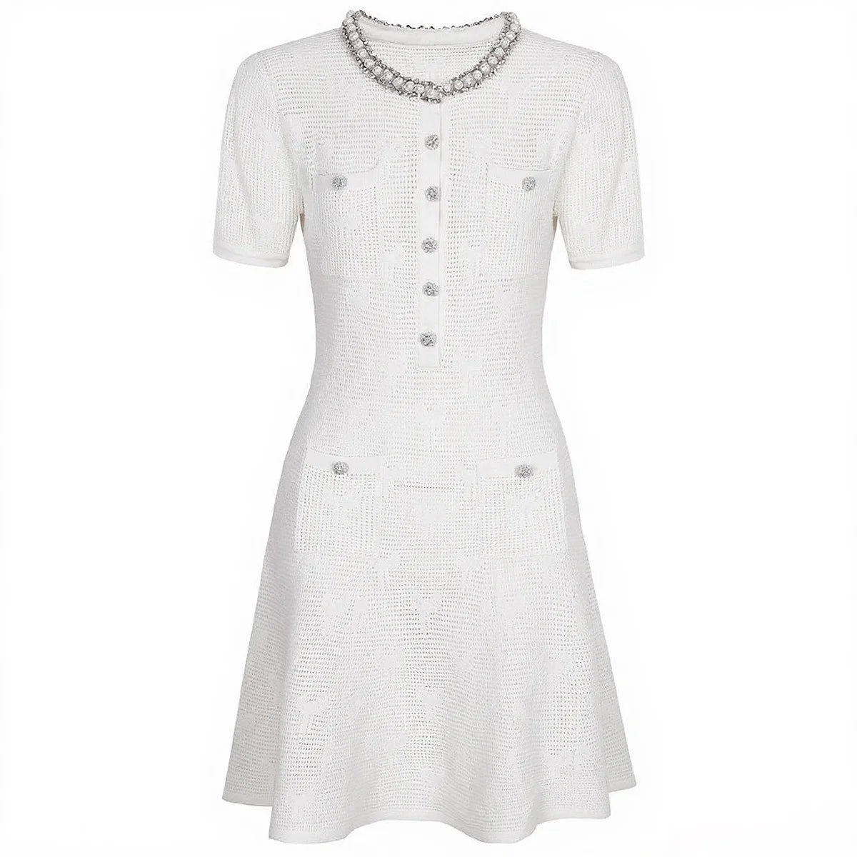 Europe America High-end Fashion Knitted Short-sleeved Dress 2025 Summer Clothes New Round Neck Temperament Woman A-line Dresses