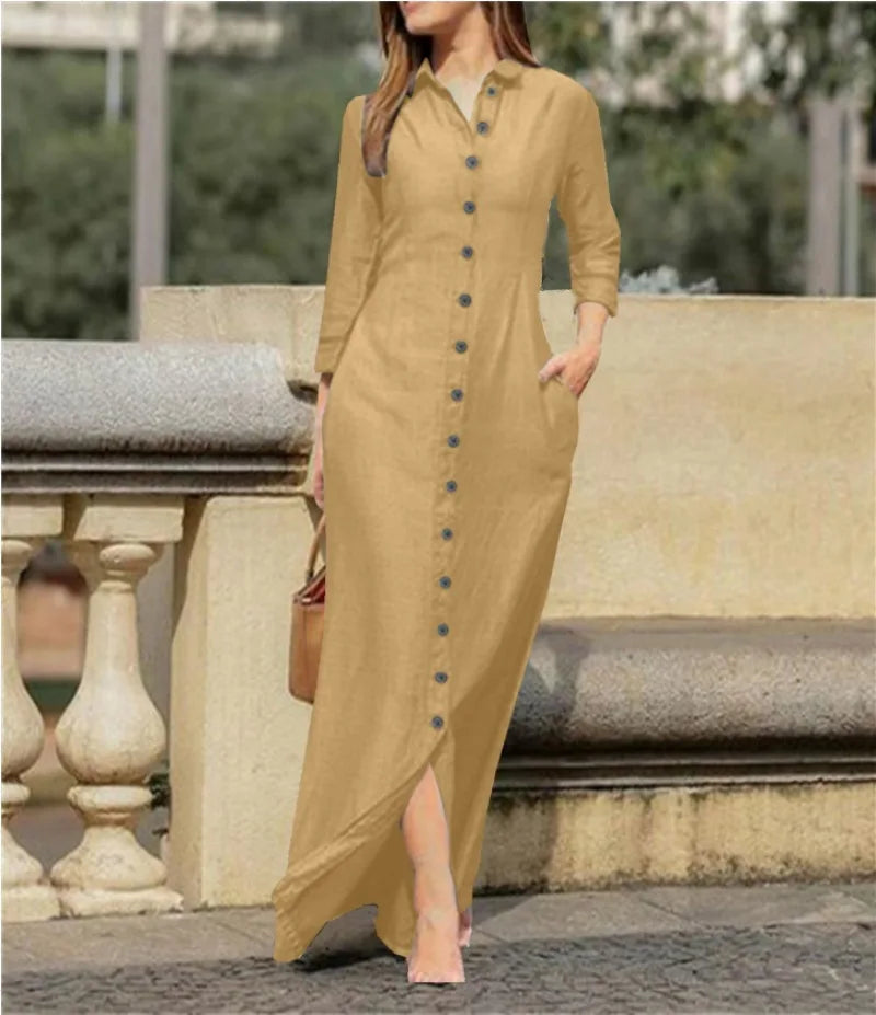 Elegant Long Dress For Women Spring Autumn Long Sleeve Solid Color Cotton And Linen Shirt Dresses Casual Button Dress Robe Femme