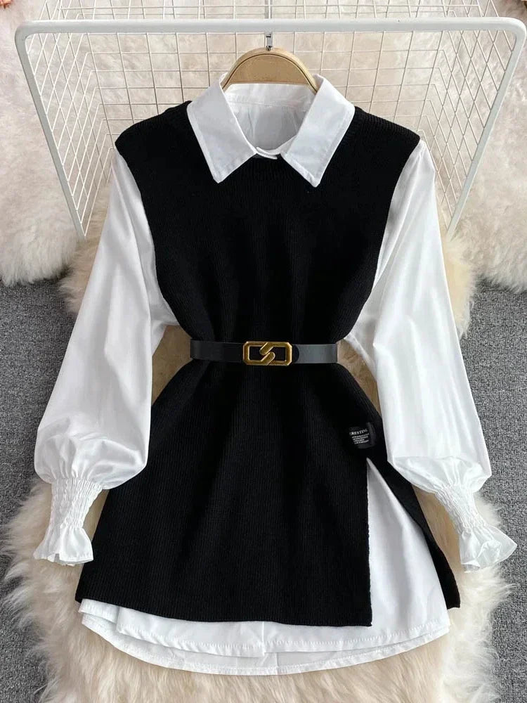 Syiwidii Blouses Sets Women Knitted Sweater Vests Autumn 2024 Fashion Turn-down Collar Single Breasted Female Blouses Two-piece