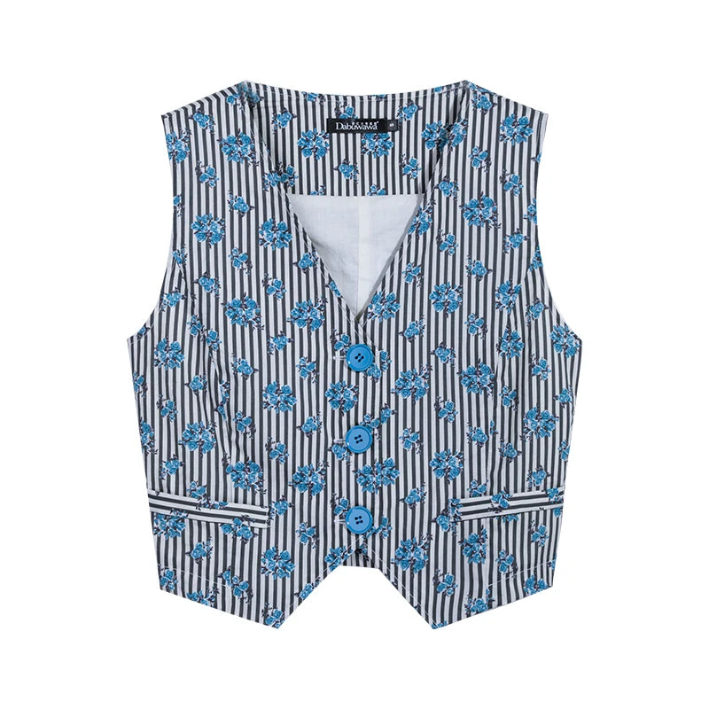 Summer Print Black White Striped Tank Women's Top Blue Rose Vest+Knee-Length A-Line Skirt Separately Y2K DABUWAWA DM2BVT002
