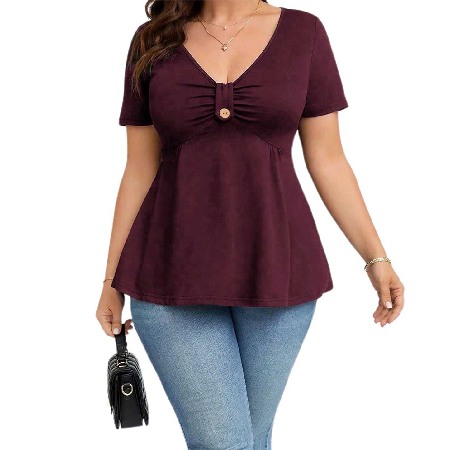 Women Plus Size Babydoll Tops Solid Color Ruched Button V Neck Short Sleeve Ruffle Shirts Casual Summer Streetwear