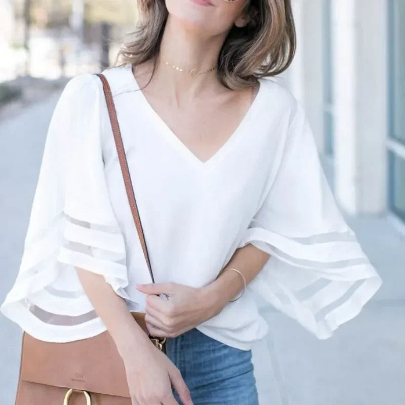 Women's Tpos and Blouses Loose T-shirt Slimming Top Shirt with Three Quarter Sleeves Chiffon Shirt Spring New Style