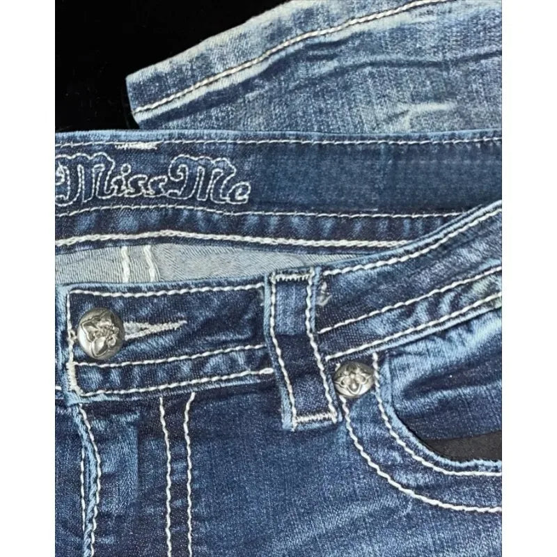 American Y2K Wings Geometric Embroidery High Quality Slim Jeans for Women Y2K Street Wear Trendy Casual goth high waisted jeans