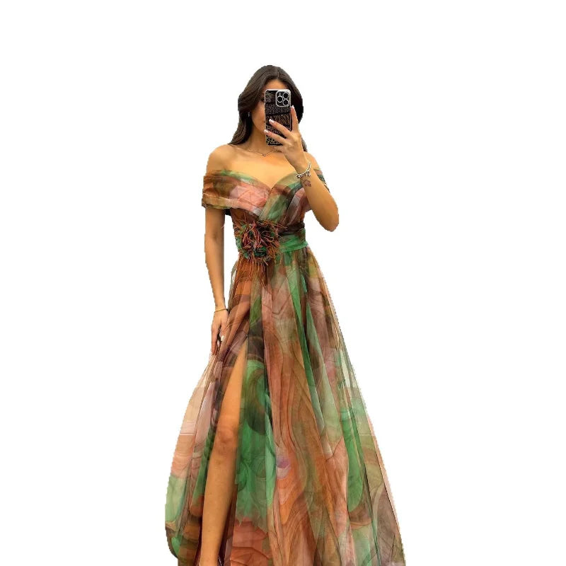 Elegant Formal Party Dress Elegant Tie-dye Ball Gown with Mesh Bubble Sleeves Split Hem Women's Evening Dress