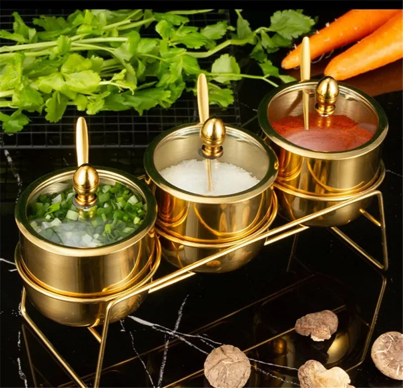 gold golden 304 Seasoning box bottle glass cap with spoon flavoring tank sauce bottle spice jar salt storage box soy sauce dish