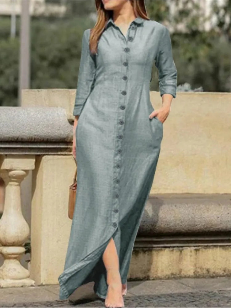 Elegant Long Dress For Women Spring Autumn Long Sleeve Solid Color Cotton And Linen Shirt Dresses Casual Button Dress Robe Femme