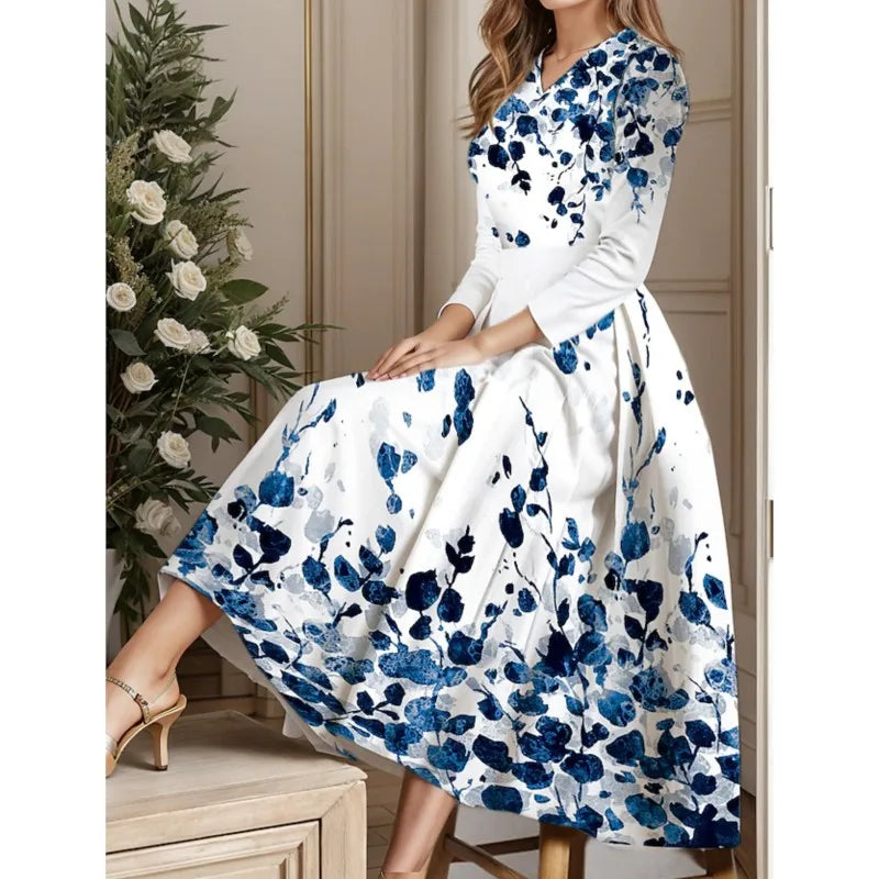 Ladies Autumn Winter Floral Print Vintage Long Dress Women's Long Sleeve V-neck Elegant Dresses Party Casual Evening Dress Women