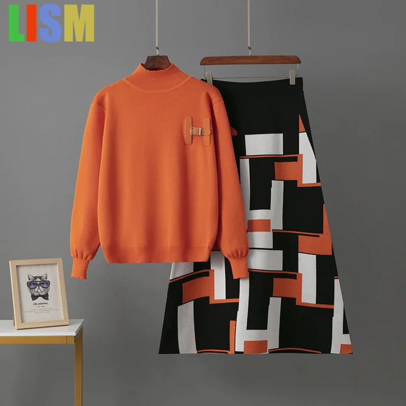 LISM winter two piece set for womam suit elegant sweater new in matching sets letter half body mid length skirt set New dress