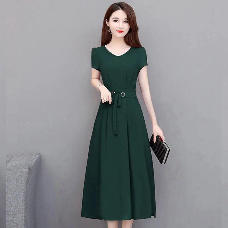 Women summer dress 2025 new short-sleeved over-the-knee belt slim figure-hugging A-line dress vestidoes clothing HTH013