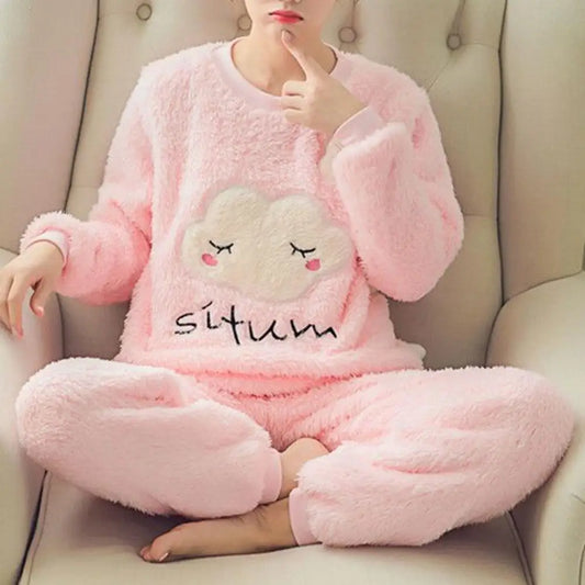 2 Pcs/Set Women Winter Pajamas Striped Cartoon Print Thickened Coral Fleece Soft Round Neck Long Sleeve Homewear Top Pants Set