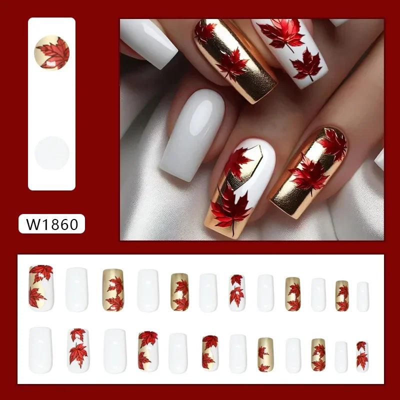 Platinum Maple Leaf Fake Nail with Jelly sticker Press on False Nails Wearable Round Head Oval Full Cover Nail Tips