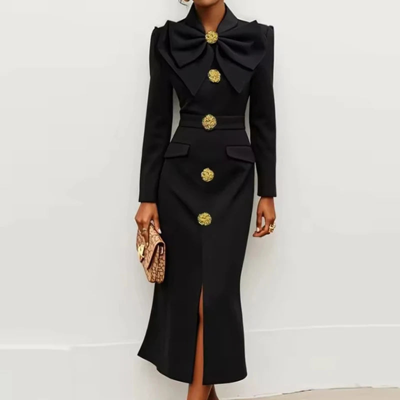 Light Luxury Style Long Sleeve Banquet Dress Elegant Black Single Breasted Commute Wrap Hip Dress Stylish Turtleneck Pleat Dress