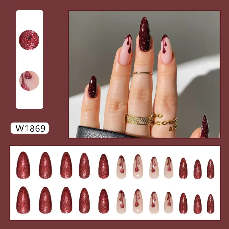 Platinum Maple Leaf Fake Nail with Jelly sticker Press on False Nails Wearable Round Head Oval Full Cover Nail Tips