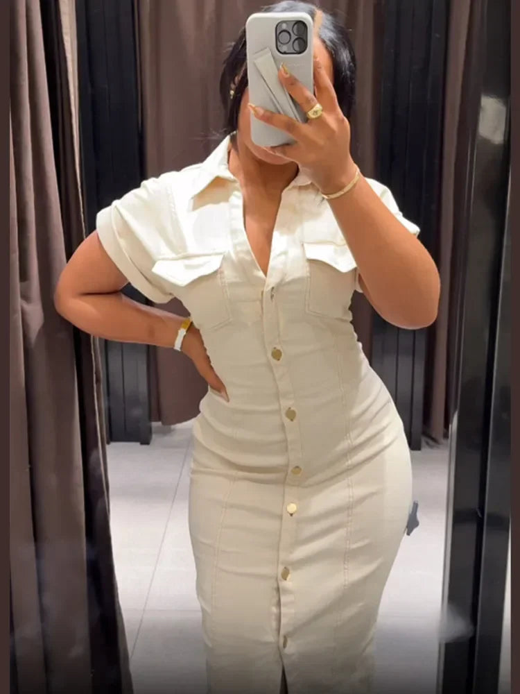 White Single Breasted Denim Dress Women's