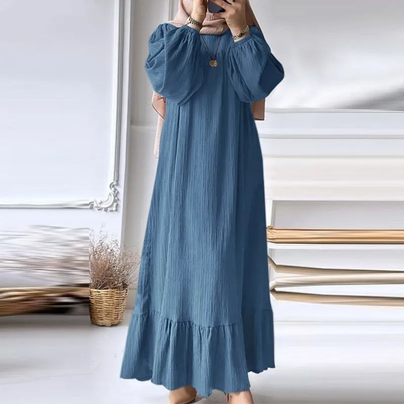 Muslim Women's Robe Spring Autumn Fashion Long Sleeve Retro Dresses Turkey Abaya Ruffle Edge Hem Kaftan Eid Mubarek Robe ﻿