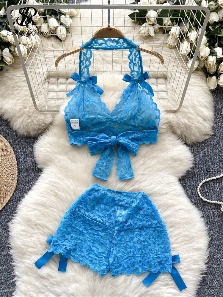 SINGREINY Lace Sheer Sexy Suits Halter V-Neck Bandage Short Tops+Mini Shorts 2024 Women Backless Bow Hotsweet Two Pieces Sets