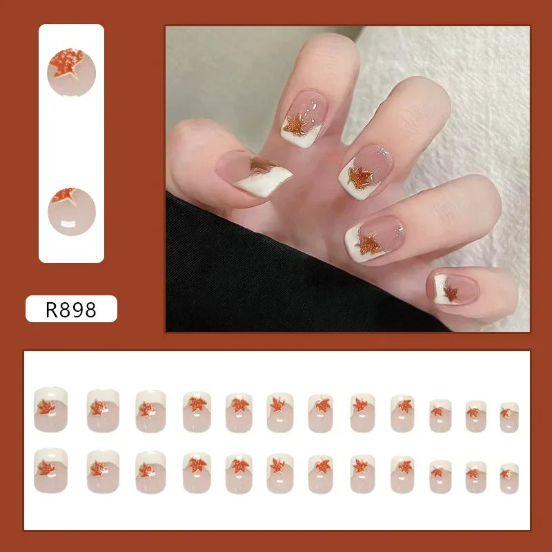 Platinum Maple Leaf Fake Nail with Jelly sticker Press on False Nails Wearable Round Head Oval Full Cover Nail Tips