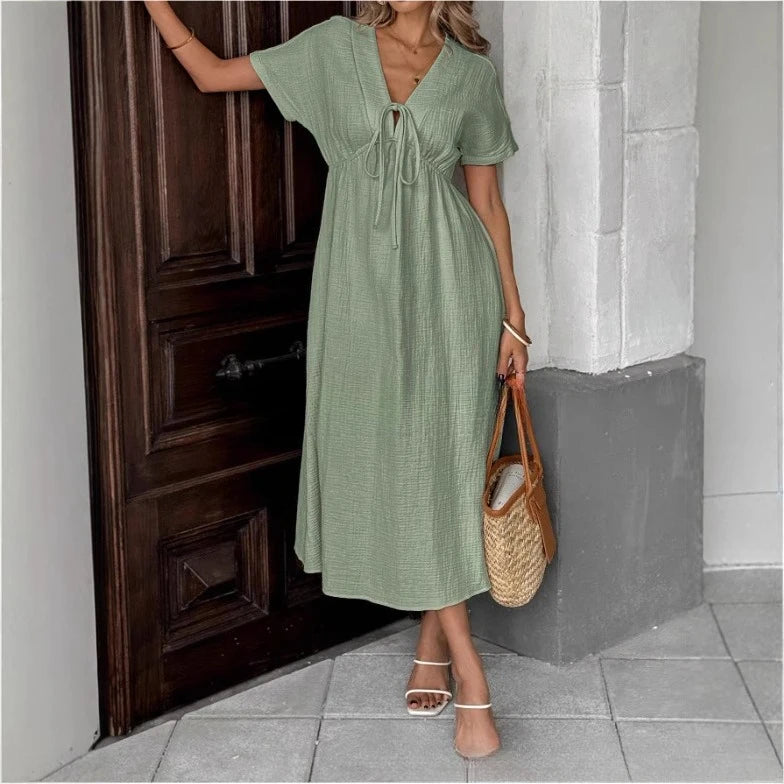 2025 New Summer Women's V-neck Pure Cotton Loose and Comfortable Long Solid Color Dress